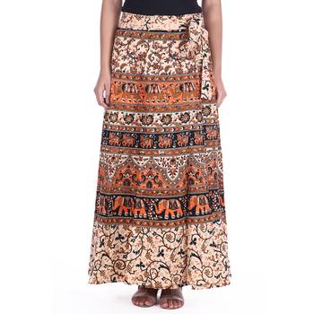 Beige cotton printed wrap around free size skirt 1