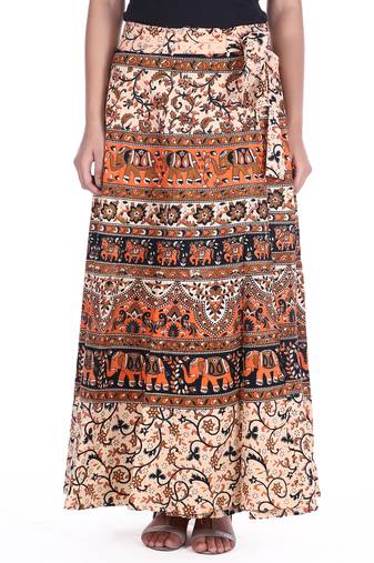 Beige cotton printed wrap around free size skirt