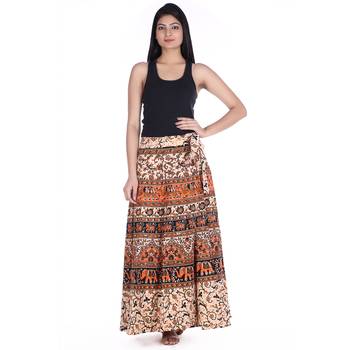 Beige cotton printed wrap around free size skirt 3