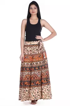 Beige cotton printed wrap around free size skirt