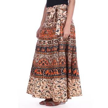 Beige cotton printed wrap around free size skirt 4
