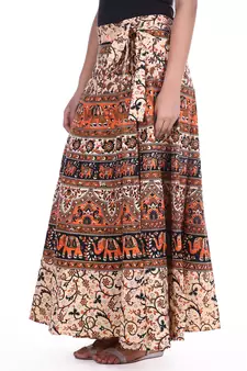 Beige cotton printed wrap around free size skirt
