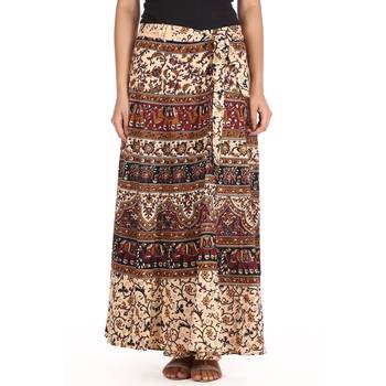 Beige cotton printed wrap around free size skirt 1