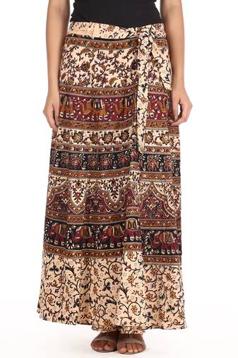 Beige cotton printed wrap around free size skirt