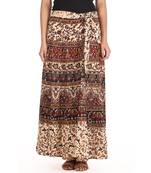 Beige cotton printed wrap around free size skirt