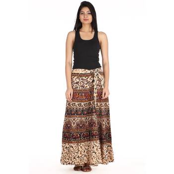 Beige cotton printed wrap around free size skirt 3