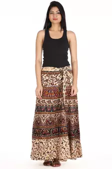 Beige cotton printed wrap around free size skirt