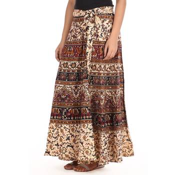 Beige cotton printed wrap around free size skirt 4