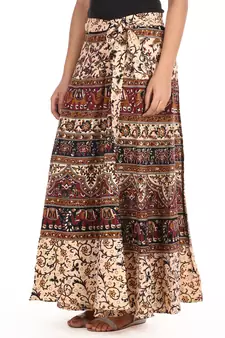 Beige cotton printed wrap around free size skirt