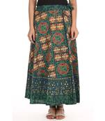 Green cotton printed wrap around free size skirt