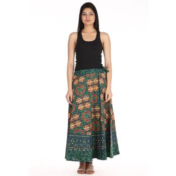 Green cotton printed wrap around free size skirt 3