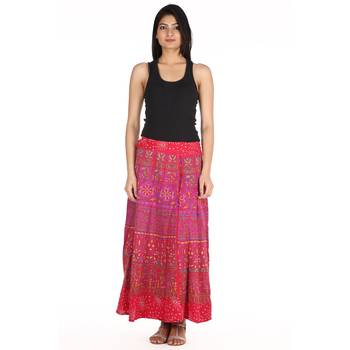 Red cotton printed wrap around free size skirt 3
