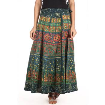 Green cotton printed wrap around free size skirt 1