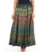 Green cotton printed wrap around free size skirt