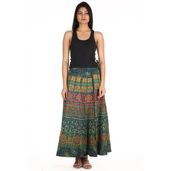 Green cotton printed wrap around free size skirt 3
