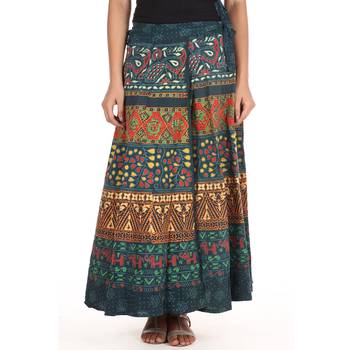 Green cotton printed wrap around free size skirt 1