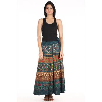 Green cotton printed wrap around free size skirt 3