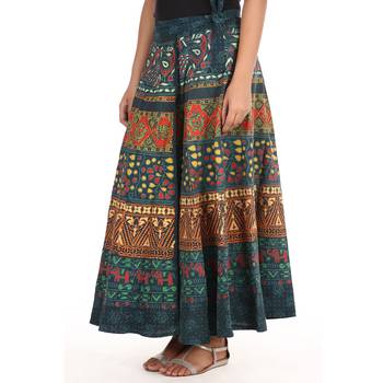 Green cotton printed wrap around free size skirt 4