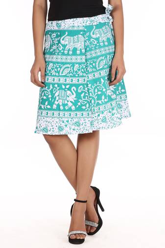 Green cotton printed wrap around free size skirt