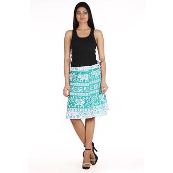 Green cotton printed wrap around free size skirt 3