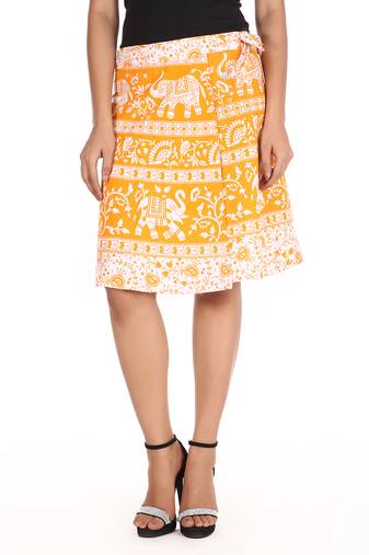 Yellow cotton printed wrap around free size skirt