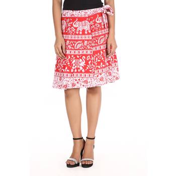 Red cotton printed wrap around free size skirt 1