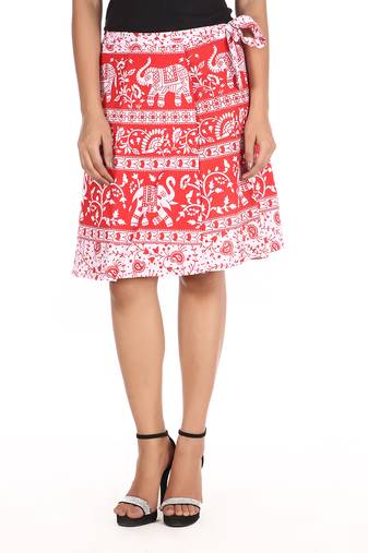 Red cotton printed wrap around free size skirt