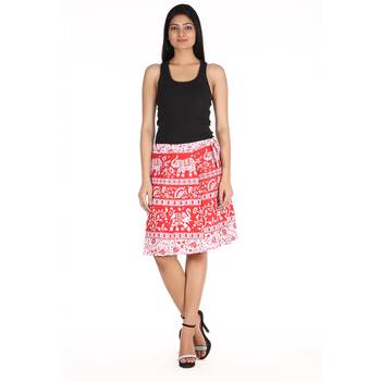 Red cotton printed wrap around free size skirt 3