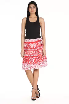 Red cotton printed wrap around free size skirt