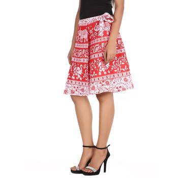 Red cotton printed wrap around free size skirt 4