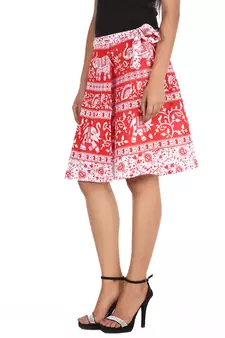 Red cotton printed wrap around free size skirt