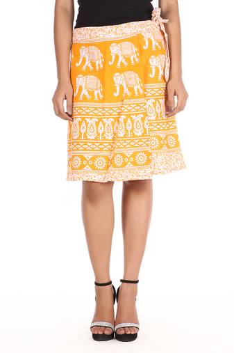 Yellow cotton printed wrap around free size skirt