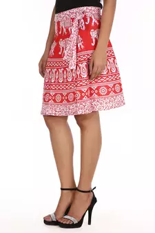 Red cotton printed wrap around free size skirt