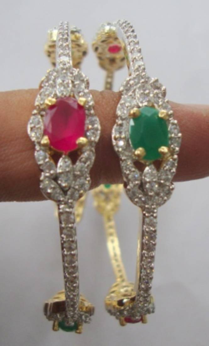 Ad Stone Setted 2 Pics Red Green N White Zerkon Stones Bangles