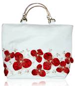 Milky White with attractive red satin flowers embroided silk handbag