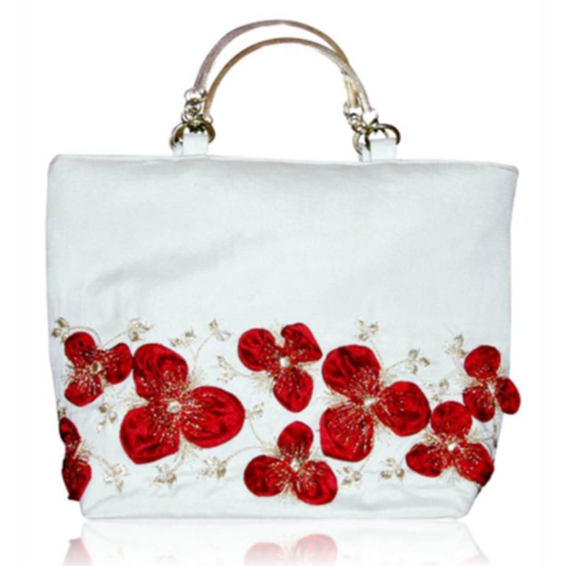Milky White with attractive red satin flowers embroided silk handbag