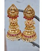 Lakshmi Goddess Double Tier Pearl Jhumkas Studded With Rubbies