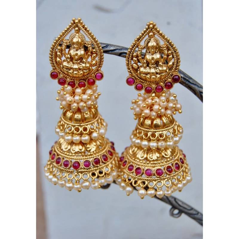 Lakshmi Goddess Double Tier Pearl Jhumkas Studded With Rubbies