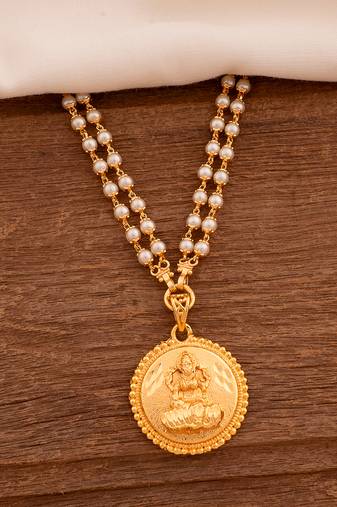 Off-white pearl necklace with Laxmi pendant MEDIUM length one gram gold