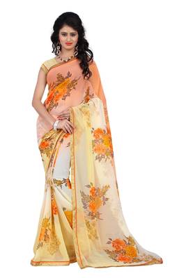 Yellow printed georgette saree with blouse 1