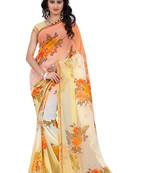 Yellow printed georgette saree with blouse