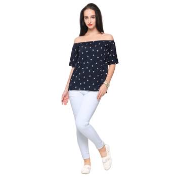 Blue crepe printed stitched top 1
