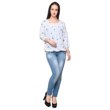 White crepe printed stitched top 1