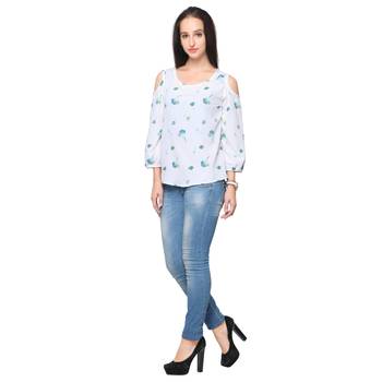 White crepe printed stitched top 1