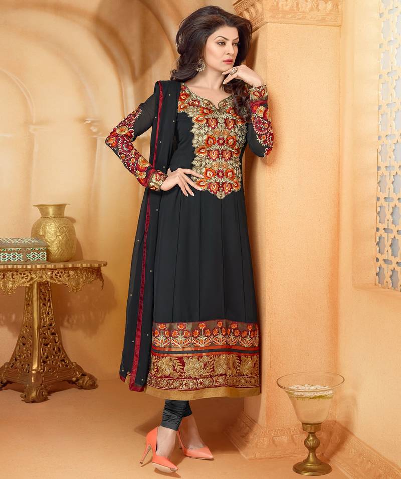 Sushmita Sen Black Resham Churidar Salwar Kameez By Fabfiza