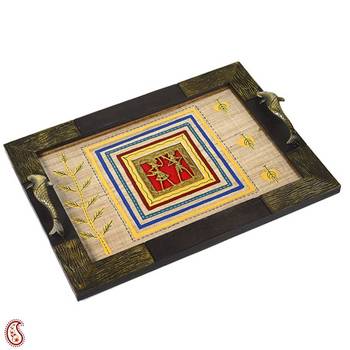 Hand Painted Wooden Tray With Dhokra Work 1