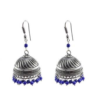 Handmade Oxidized Jhumki With Reconstituted Lapis Beads Earrings-Jaipuri Night Glow Jewelry 1