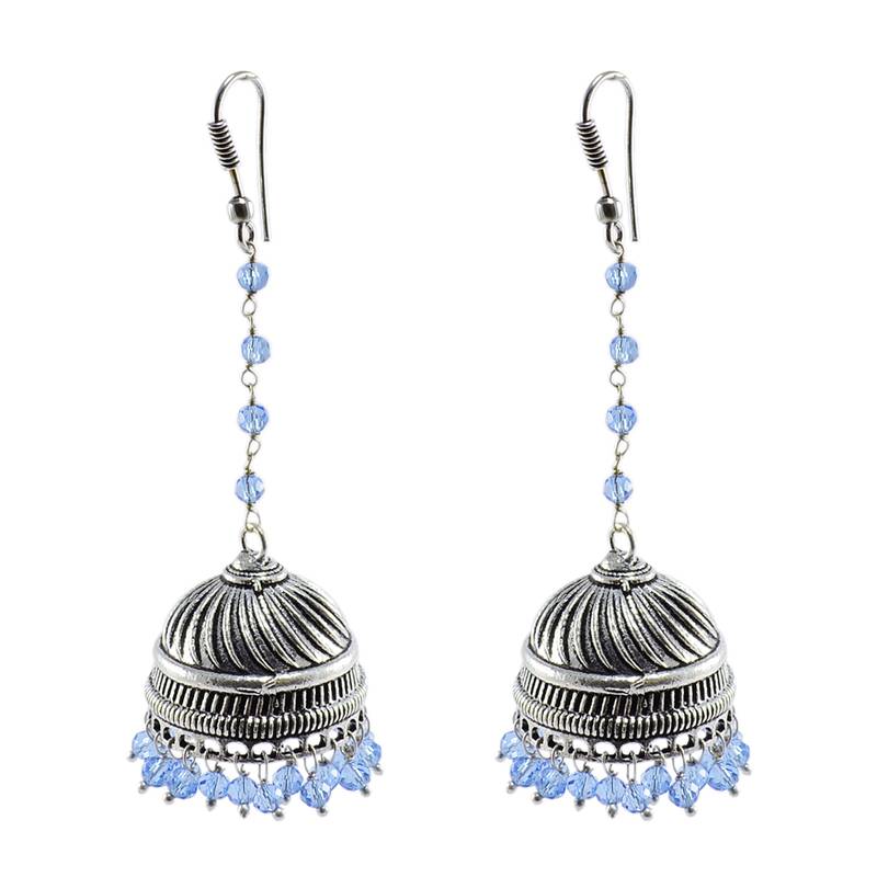Traditional Style Indian Earrings-Wedding Bells Jhumki-Tanzanite Crystal Jhumka