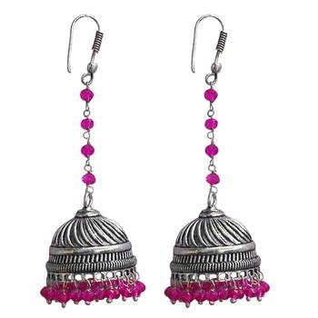 Pink Crystal Beads Traditional Silver Overlay Jhumka Earrings With Oxidized Finish 1
