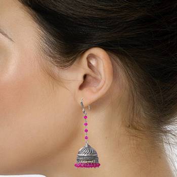 Pink Crystal Beads Traditional Silver Overlay Jhumka Earrings With Oxidized Finish 2